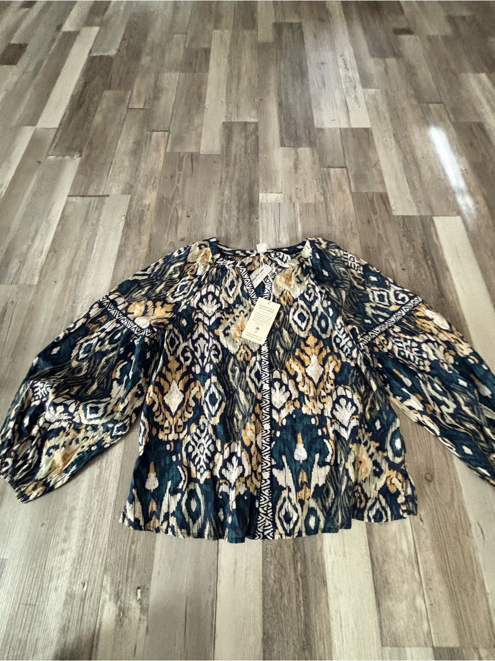 Tommy Bahama Navy & Mustard Ikat Peasant Blouse